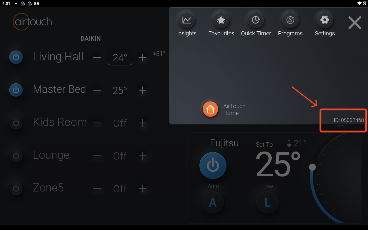 AirTouch 5 console Settings screen showing the device ID pop-up